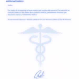 May include: A medical document with a Caduceus symbol and the text "JUSTIFICANTE MÉDICO". The document has a blue border at the bottom with the hospital's name, address, and phone number.