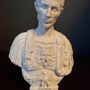 May include: A white bust of a man with short hair, possibly a Roman emperor. The bust features detailed carvings of armor, an eagle, and a face on the chest. The sculpture is on a pedestal.