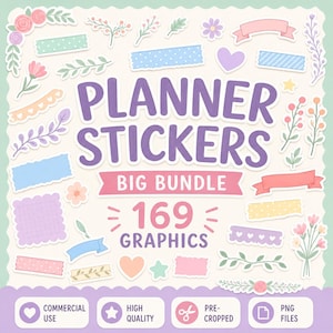 Puede incluir: Una colección digital de 169 pegatinas para agenda con elementos florales, tiras de cinta adhesiva, pancartas, corazones y estrellas en tonos pastel. El texto dice PLANNER STICKERS BIG BUNDLE 169 GRAPHICS, COMMERCIAL USE, HIGH QUALITY, PRE-CROPPED, PNG FILES.