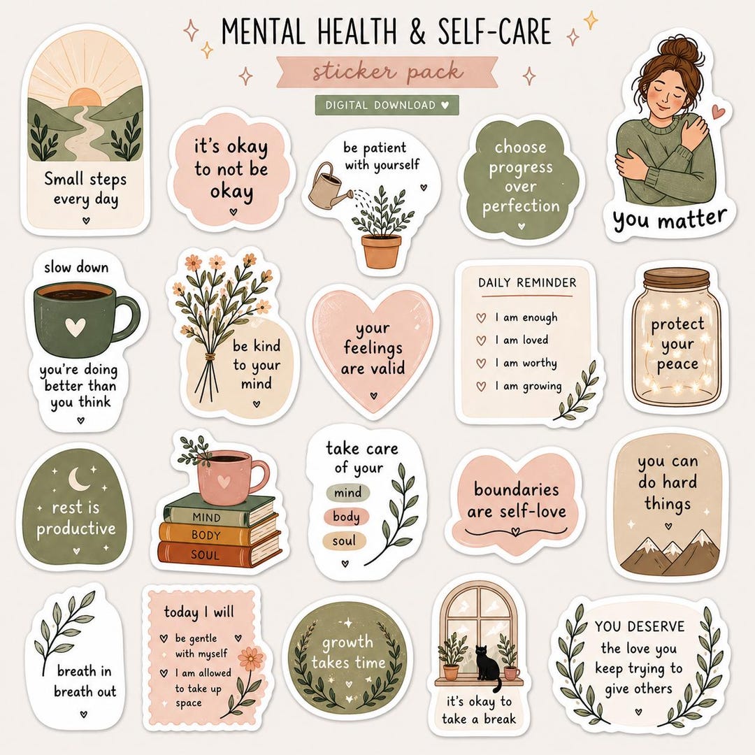 Mental Health & Self-care Digital Stickers, 20 Decals for Goodnotes ...