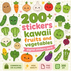 May include: A digital sticker pack featuring over 200 kawaii fruits and vegetables with smiling faces. The collection includes illustrations of a potato, carrot, onion, garlic, tomato, broccoli, corn, pumpkin, eggplant, and various leafy greens.