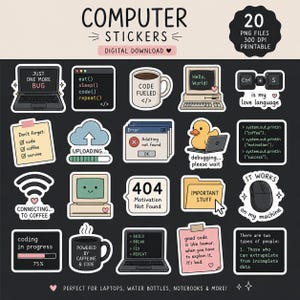 Computer Stickers Pack, 20 Coding & Tech Decals for GoodNotes, Notability, Laptops, Instant Download PNG