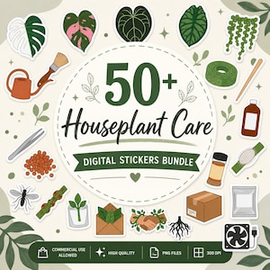 Op de afbeelding: Een verzameling digitale stickers voor de verzorging van kamerplanten, met verschillende bladeren, tuingereedschap en andere gerelateerde items. Het centrale ontwerpelement bevat de tekst "50+ Houseplant Care DIGITAL STICKERS BUNDLE".