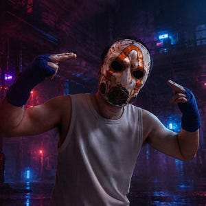 May include: A white mask with orange accents and a dark circular filter over the mouth area, worn with a plain white tank top and blue hand wraps. The mask features black eye sockets and weathered detailing, creating a distinct, textured appearance.