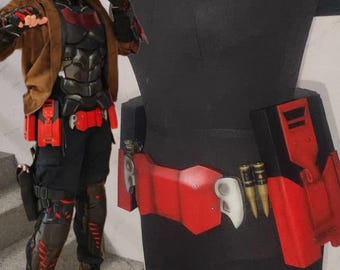 May include: A Red Hood cosplay costume featuring a red helmet, a brown jacket, black tactical armor with red accents, black pants, and dark boots. A separate utility belt with red pouches, white holster clips, and two gold-colored bullet casings.