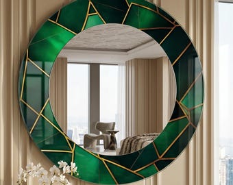 Groene geometrische wandspiegel, smaragdgroene glazen spiegel, luxe ronde spiegel, moderne statementspiegel, eigentijds wanddecor