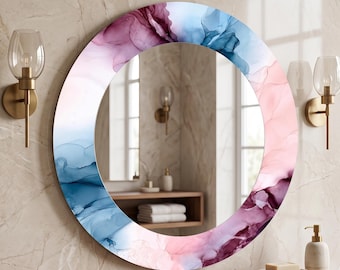 Roze blauwe abstracte ronde spiegel, luxe wandspiegel, spiegel UV-geprint glas, moderne make-upspiegel, badkamerdecor, elegant huisaccent