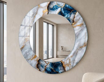 Blauwe marmeren ronde spiegel, luxe wandspiegel, uv-geprinte glazen spiegel, moderne badkamerspiegel, decor kustijdelheid, elegant huisaccent
