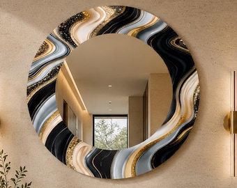 Ronde spiegel zwart witgoud marmer, luxe badkamerspiegel, spiegel UV-geprint glas, modern wanddecor, make-upspiegel