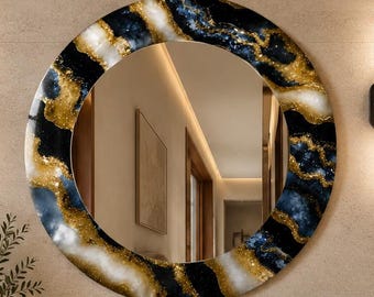 Ronde spiegel zwartgoudagaat, luxe wandspiegel, uv-geprinte glazen spiegel, moderne halspiegel, decor badkamermeubel