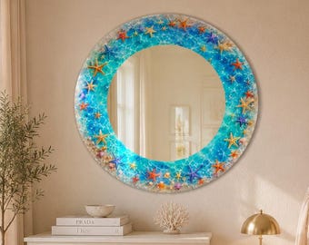 Coastal Beach Round Mirror Ocean Inspired Wall Mirror Tropical Bathroom Decor Starfish Mirror Coastal Home Decor