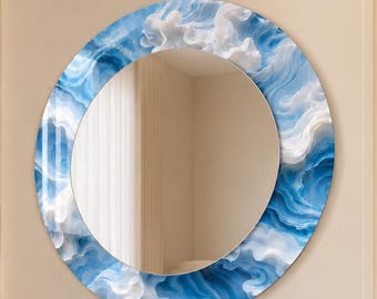 Blauwe oceaanmarmer spiegel van gehard glas, ronde badkamerspiegel, kustmuurdecor, luxe make-upspiegel, moderne decoratieve spiegel
