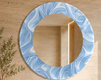 Lichtblauwe abstracte spiegel van gehard glas, ronde wandspiegel, luxe make-upspiegel, moderne decoratieve spiegel, eigentijds huisdecor