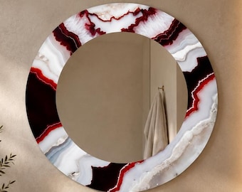Red Agate Round Mirror, Luxury Wall Mirror, Modern Bathroom Mirror, UV Printed Glass Mirror, Contemporary Vanity Decor, Elegant Home Accent