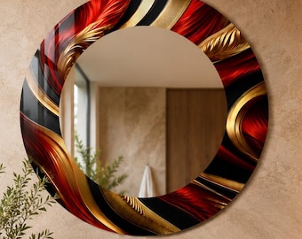Luxe roodgouden spiegel van gehard glas, ronde wandspiegel, moderne badkamerspiegel, abstracte make-upspiegel, statement wanddecoratie