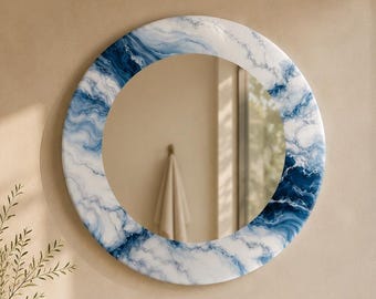 Ronde blauwe marmeren spiegel, luxe wandspiegel, moderne badkamerspiegel, spiegel UV-geprint glas, make-upspiegel kust, elegante woondecoratie