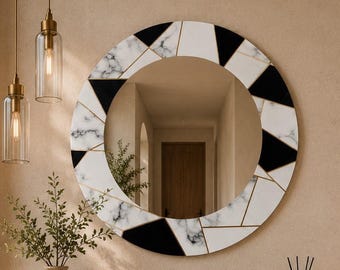 Ronde spiegel zwart wit marmer, luxe wandspiegel, uv-geprinte glazen spiegel, geometrische badkamerspiegel, modern make-updecor