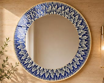 Blauwe mozaïek ronde spiegel, luxe wandspiegel, moderne decoratieve spiegel, spiegel UV-geprint glas, woondecoratie kust, make-upspiegel