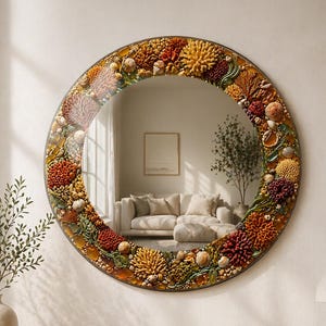 Sea Shell Round Wall Mirror, Coastal Coral Glass Mirror, Ocean Inspired Bathroom Vanity Mirror, Beach House Decor Statement Mirror