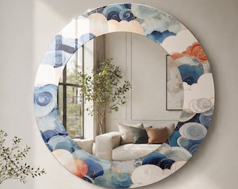 Espejo de pared redondo con diseño de olas japonesas, espejo de cristal artístico con diseño de nubes azules, espejo de tocador para baño zen, espejo de decoración minimalista para spa en el hogar.