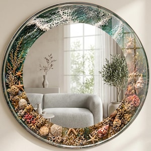 Luxury Coastal Round Wall Mirror, Ocean Coral Glass Mirror, Beach House Bathroom Vanity Mirror, Sea Inspired Statement Home Decor