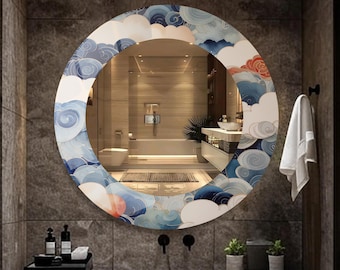Espejo de pared redondo con diseño de olas japonesas, espejo de cristal artístico con diseño de nubes azules, espejo de tocador para baño zen, espejo de decoración minimalista para spa en el hogar.