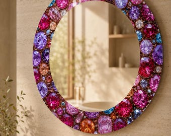 Pink Crystal Round Mirror, Luxury Wall Mirror, Glam Vanity Mirror, UV Printed Glass Mirror, Colorful Gemstone Mirror, Modern Bathroom Decor