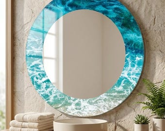 Ocean Wave ronde wandspiegel, badkamerspiegel kust, gehard glas spiegel decor, strandhuis make-upspiegel, moderne kunst aan de kust kust