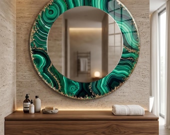 Wandspiegel groene agaat, luxe ronde spiegel, spiegel met smaragdgroene geode, statement wanddecoratie, moderne badkamerspiegel