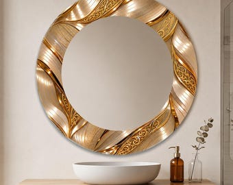 Luxe gouden ronde spiegel, moderne wandspiegel, decoratieve badkamerspiegel, glamourglazen spiegel, elegante make-upspiegel, goudkleurige golfwanddecoratie