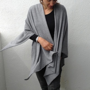 Mid Grey 65/35% Cashmere Cotton Light Weight Knitted Ruana Wrap