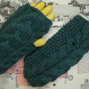 Cable Knit Fingerless Gloves Hand Knitted Gloves Arm Warmers Wrist Warmer Jade Heather Wool --- Ready to Ship