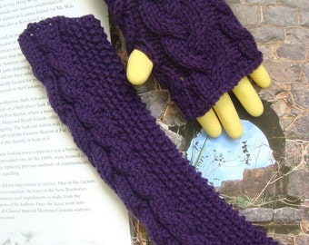 Cable Knit Fingerless Gloves Long Hand Knitted Gloves Arm Warmers Wrist Warmer Purple Wool --- Ready to Ship