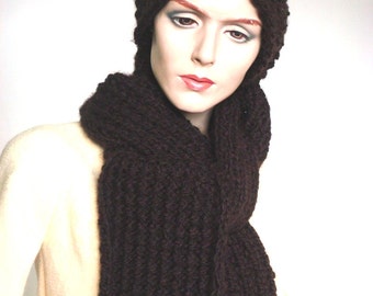 Long Hand Knit Scarf Chunky Knit Scarf  Knit Neck Warmer in Espresso --- Ready to Ship