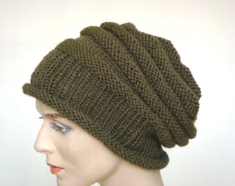 Hand breien Hat Slouch hoed voor vrouwen of mannen diepe Olive wol Hat Fall Fashion Winter mode---klaar om schip