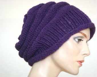 Hand Knit Hat Slouch Hat For Women or Men Purple Wool Hat Fall Fashion Winter Fashion --- Ready to Ship