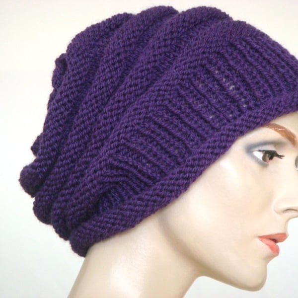 Hand Knit Hat Slouch Hat For Women or Men Purple Wool Hat Fall Fashion Winter Fashion --- Ready to Ship