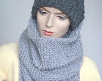Oversize Chunky gebreide Cowl Sjaal Infinity sjaal breien Neckwarmer haarband in grijze wol mix---klaar om schip
