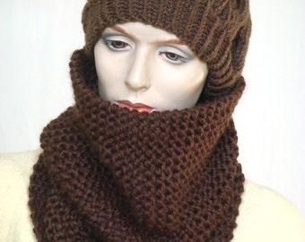 Oversize Chunky Cowl Scarf  Chunky Knit Cowl Infinity Scarf  Knit Neckwarmer Snood in Chocolate Wool Blend --- Ready to Ship