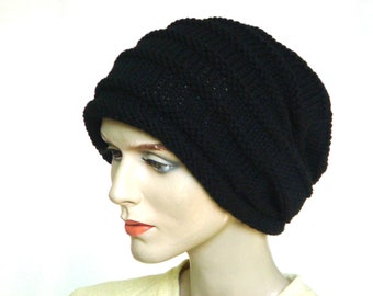 Knit Hat Hand Knit Hat Slouch Hat For Women or Men Black  Wool Hat Fall Fashion Winter Fashion --- Ready to Ship