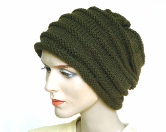 Knit Hat Hand Knit Hat Slouch Hat For Women or Men Deep Olive Wool Hat Fall Fashion Winter Fashion --- Ready to Ship