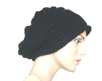 Hand Knit Hat Slouch Hat For Women or Men Black Wool Hat Fall Fashion Winter Fashion --- Ready to Ship