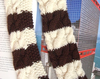 Cable Knit Fingerless Gloves Long Hand Knitted Gloves Arm Warmers Wrist Warmers Brown and Cream Strips --- Ready to Ship