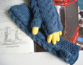 Cable Knit Fingerless Gloves Long Hand Knitted Gloves Knit Arm Warmers Wrist Warmers New Denim Wool --- Ready to Ship