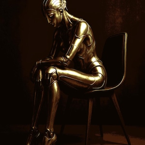 Puede incluir: Una figura metálica dorada de una persona sentada en una silla, con la cabeza inclinada. La figura lleva un traje ajustado con articulaciones y tacones altos. La silla tiene un asiento oscuro y patas de madera, sobre un fondo oscuro.