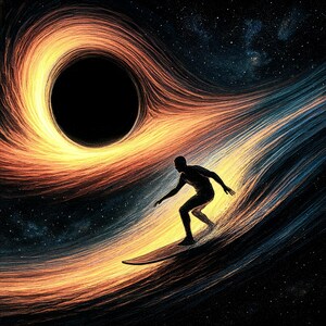 May include: An artistic depiction of a surfer riding a wave of cosmic energy, with a black hole in the background. The wave is a blend of orange, yellow, and blue hues, set against a starry night sky. The surfer is a dark silhouette.