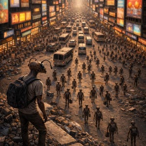 May include: An artistic depiction of a dystopian city street scene. The image features a person with an insect-like head and backpack, looking at a crowd of similar figures. Buildings line the street, with illuminated signs and vehicles.