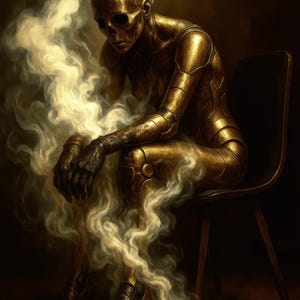 May include: A digital art piece depicts a golden, skeletal figure seated on a chair, enveloped in swirling smoke. The figure's metallic form contrasts with the ethereal smoke, creating a surreal and artistic composition. The artwork evokes themes of mortality and transformation.