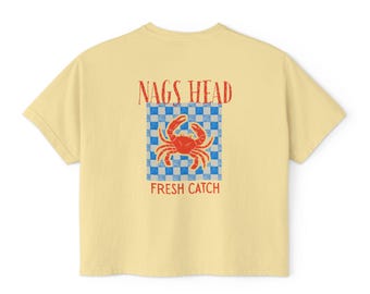 Camiseta holgada para mujer Nags Head NC / Carolina del Norte / Viaje a la playa / Vacaciones / Amarillo y azul / Cangrejo / Verano / Mariscos / Cuadros / Colores cómodos