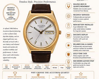 Vintage 1980 Bulova Accutron quartz dag-datumhorloge goudkleur 35 mm onderhouden P0 Bulova 2623,10